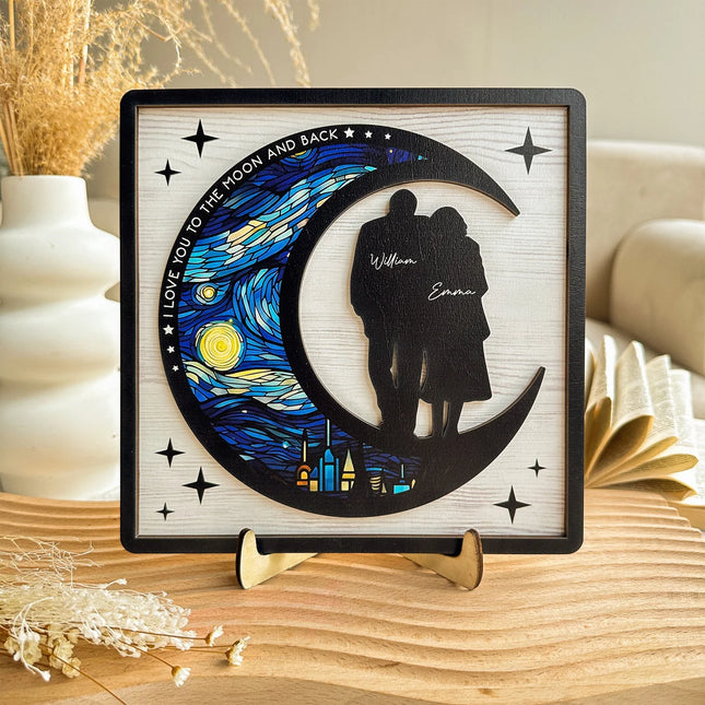 I Love You To The Moon And Back - Personalized 2 Layers Wooden Plaque - Anniversary Gifts For Her, Him