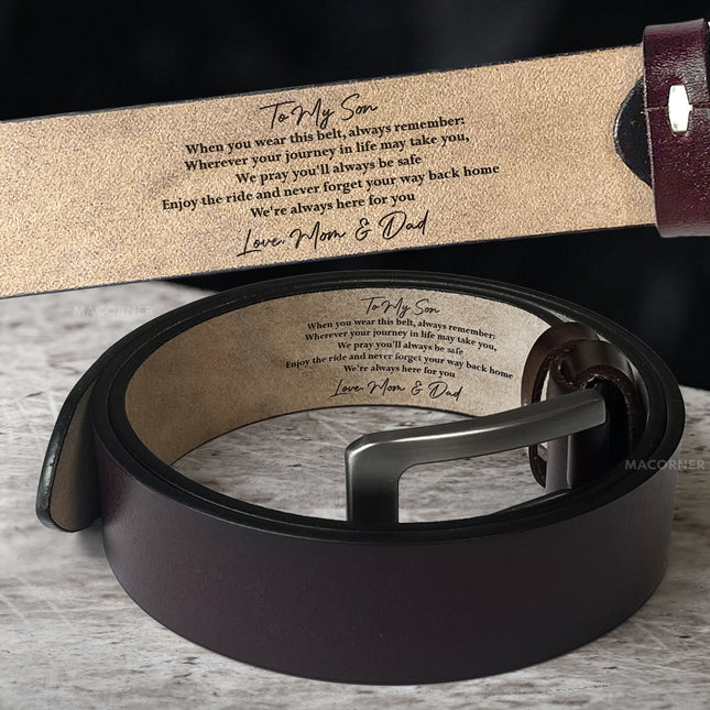 To Son We Love You From Mom Dad - Personalized Engraved Leather Belt