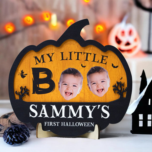 My Little Boo Baby First Halloween Pumpkin Shape - Personalized Photo Wooden Plaque