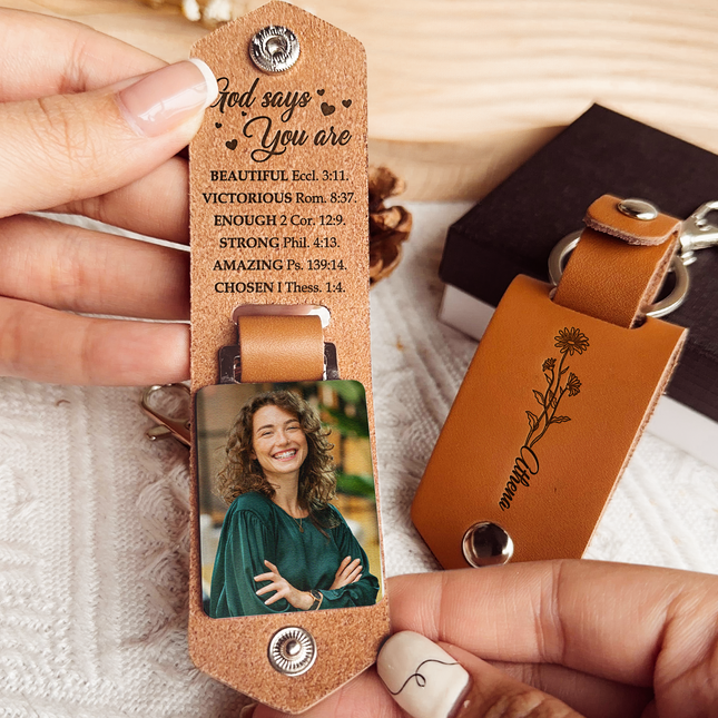 God Says You Are Beautiful Loved Reminders - Personalized Leather Photo Keychain