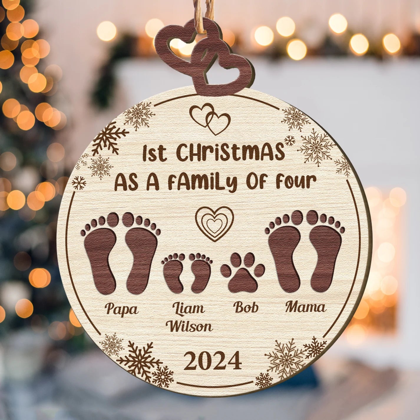 1st Christmas As A Family Of Four - Personalized Wooden Ornament