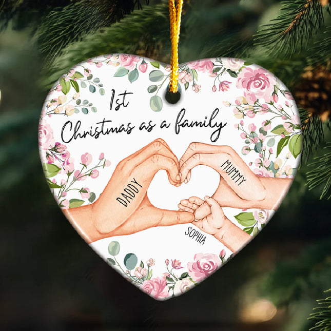 1st Christmas As A Family - Personalized Heart Shaped Ceramic Ornament