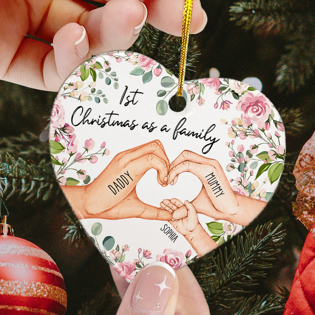 1st Christmas As A Family - Personalized Heart Shaped Ceramic Ornament