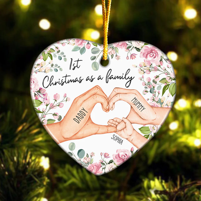 1st Christmas As A Family - Personalized Heart Shaped Ceramic Ornament