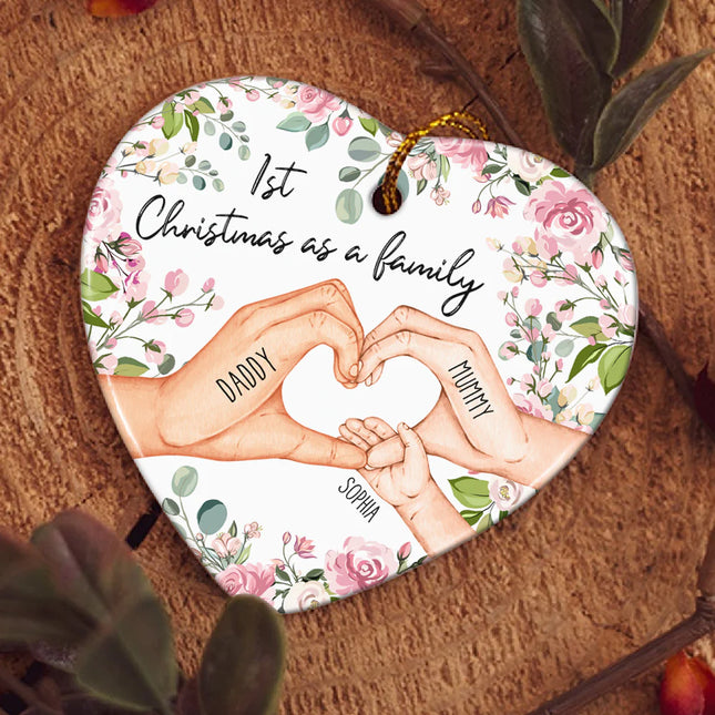 1st Christmas As A Family - Personalized Heart Shaped Ceramic Ornament