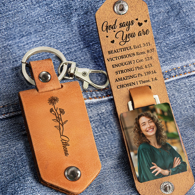 God Says You Are Beautiful Loved Reminders - Personalized Leather Photo Keychain