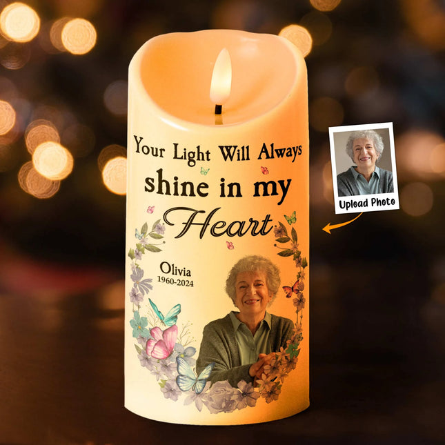 Your Light Will Always Shine In My Heart - Personalized Photo LED Candle