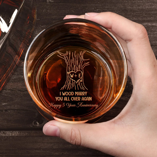 5th Anniversary Gift I Wood Marry You Again - Personalized Engraved Whiskey Glass