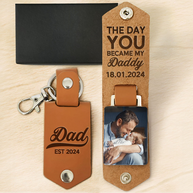 The Day You Became My Daddy First Time Dad - Personalized Leather Photo Keychain