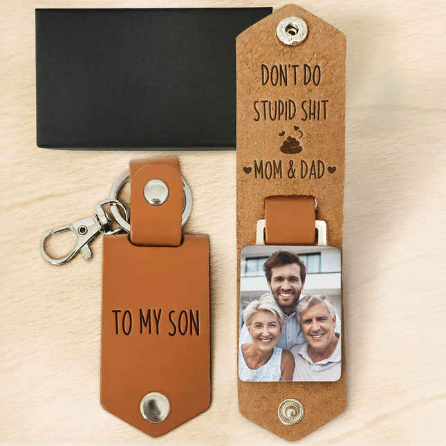 Don't Do Stupid Shit For Kids, Son, Daughter - Personalized Leather Photo Keychain