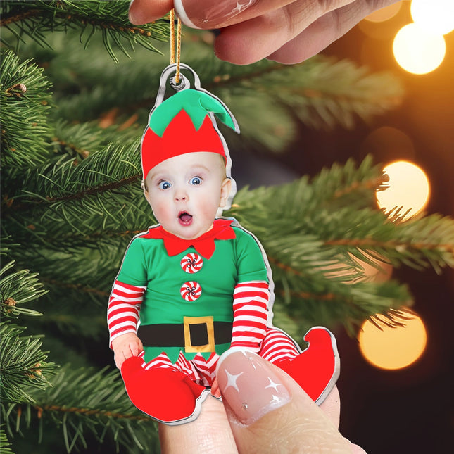 Adorable Newborn Baby Elf - Personalized Babys Photo First Christmas Ornament