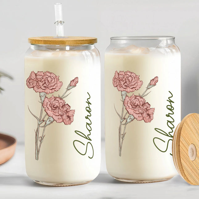 Birth Flower Birthday Gift For Women Friend Bridesmaid - Personalized Clear Glass Cup