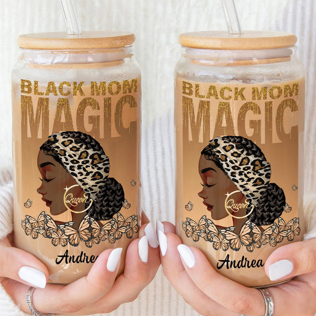 Black Mom Magic - Personalized Clear Glass Cup