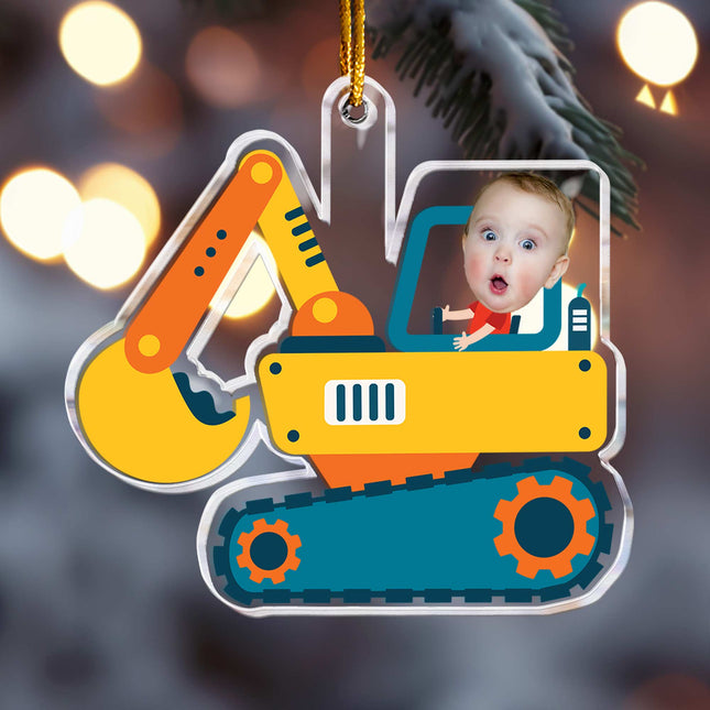 Christmas Boy Riding Construction Vehicle - Personalized Babys Photo First Christmas Ornament