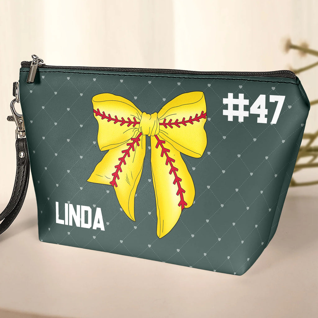 Coquette Bow Softball - Personalized Cosmetic Bag-Levistina