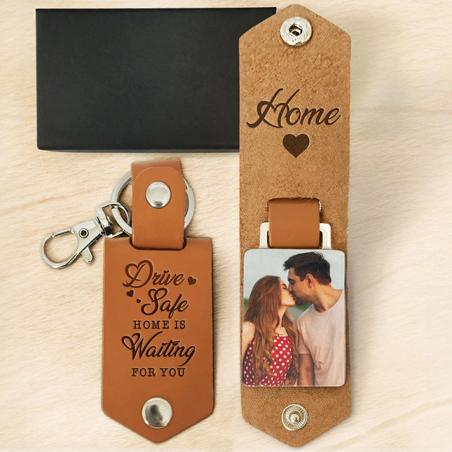 Drive Safe, Home Is Waiting For You - Personalized Leather Photo Keychain