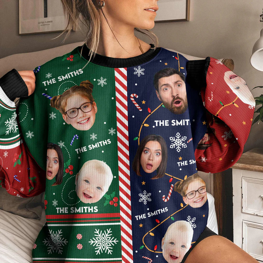 Family Candy Cane Christmas - Personalized Photo Ugly Sweater - Levistina