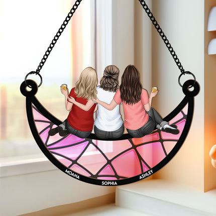 Friends, Sisters Sitting On The Moon - Personalized Window Hanging Suncatcher Ornament - Gifts For Women