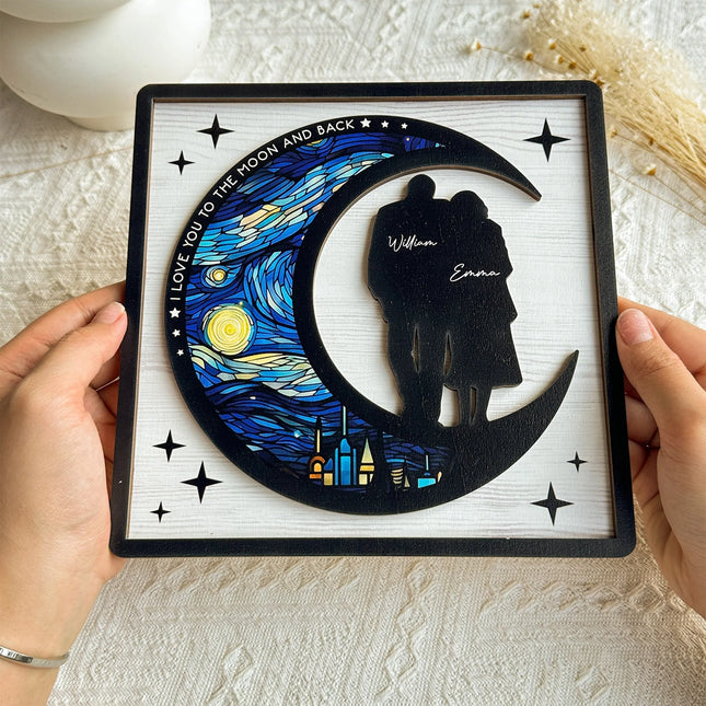 I Love You To The Moon And Back - Personalized 2 Layers Wooden Plaque - Anniversary Gifts For Her, Him