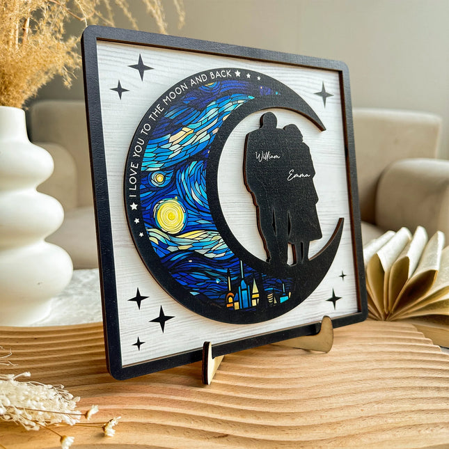 I Love You To The Moon And Back - Personalized 2 Layers Wooden Plaque - Anniversary Gifts For Her, Him