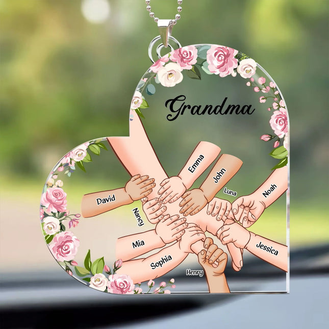 Grandma Holding Hand With Grandkids Names - Personalized Car Ornament2