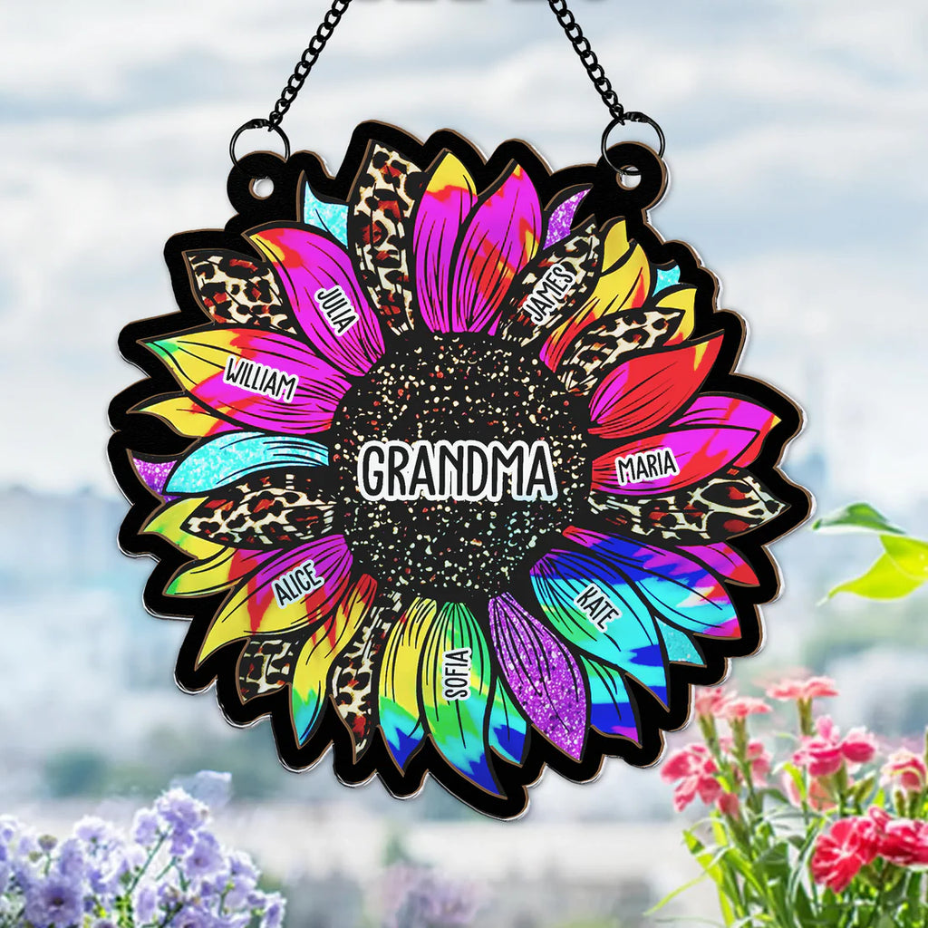 Grandma Leopard Sunflower With Kids Names - Personalized Window Hanging Suncatcher Ornament - Levistina