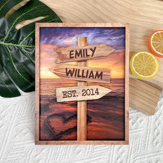 Guidepost Sign With Custom Names Special Place - Personalized Wooden Photo Plaque