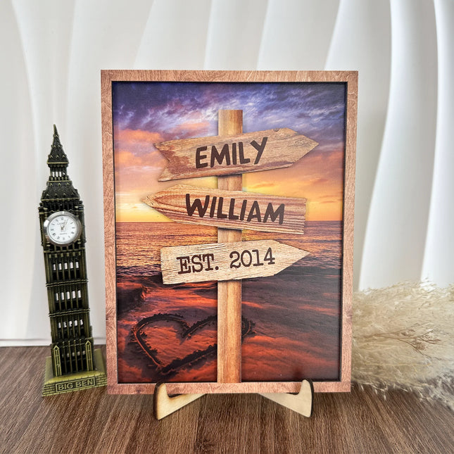 Guidepost Sign With Custom Names Special Place - Personalized Wooden Photo Plaque