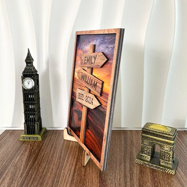 Guidepost Sign With Custom Names Special Place - Personalized Wooden Photo Plaque