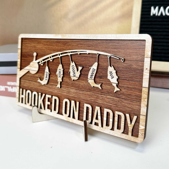 Hooked On Papa Daddy - Personalized 2 Layers Wooden Plaque