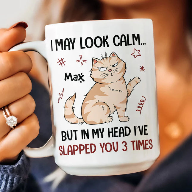 I May Look Calm But In My Head I'Ve Slapped You 3 Times Funny Cats - Personalized Mug