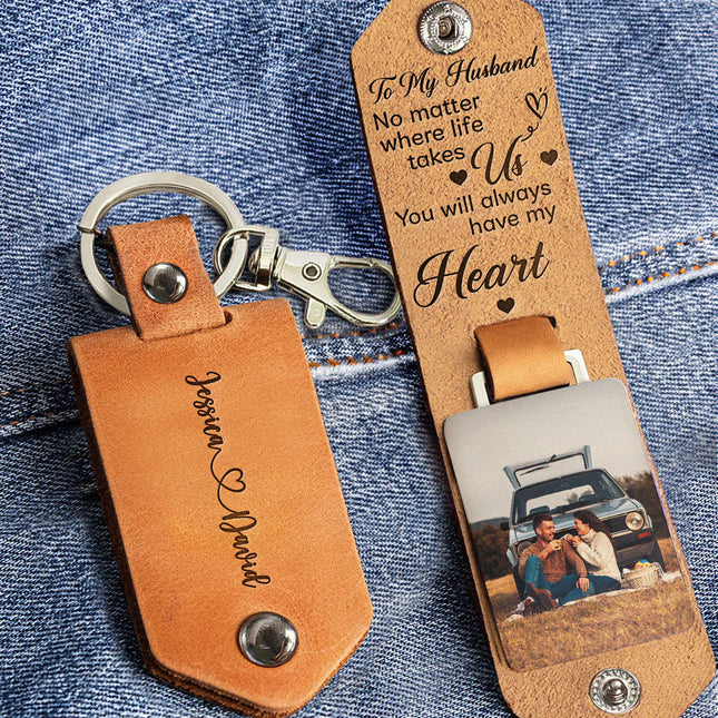 No Matter Where Life Takes Us - Personalized Leather Photo Keychain