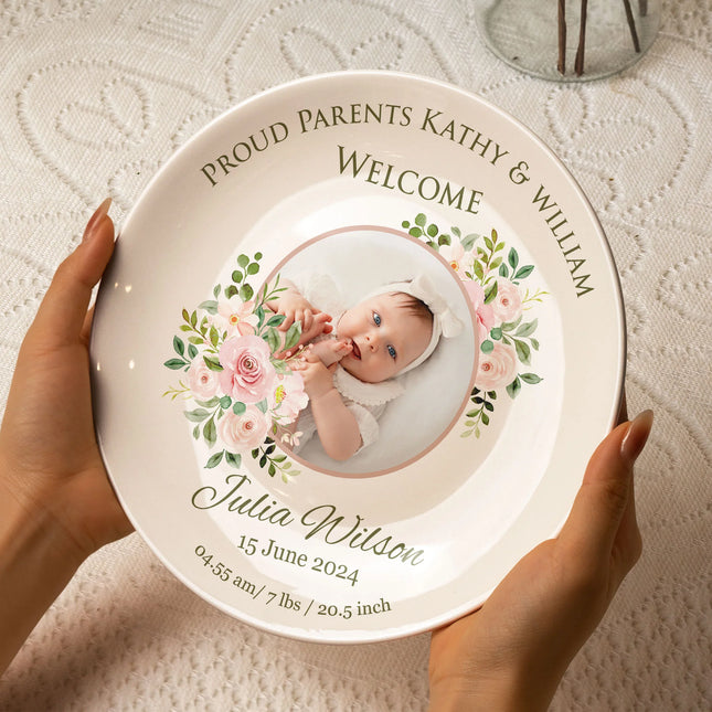 Proud Parents Newborn Baby Birth Plate - Personalized Photo Ceramic Plate