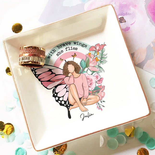 With Brave Wings She Flies - Personalized Jewelry Dish