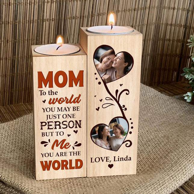 You Are The World To Me - Personalized Photo Wood Candle Holder - Loving, Birthday Gift For Mom, Mother