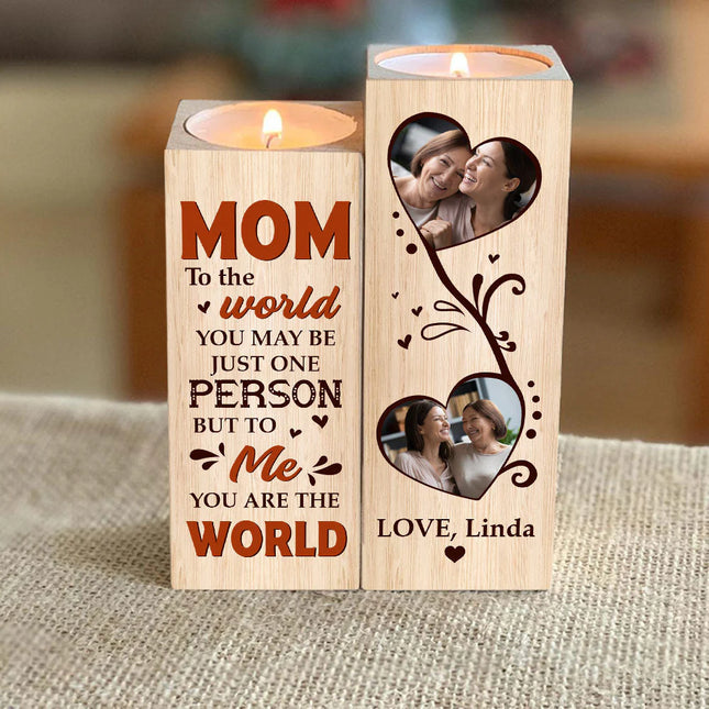 You Are The World To Me - Personalized Photo Wood Candle Holder - Loving, Birthday Gift For Mom, Mother