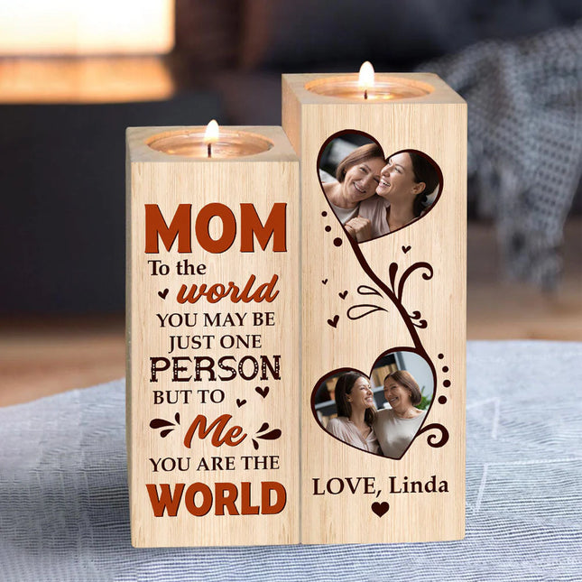 You Are The World To Me - Personalized Photo Wood Candle Holder - Loving, Birthday Gift For Mom, Mother