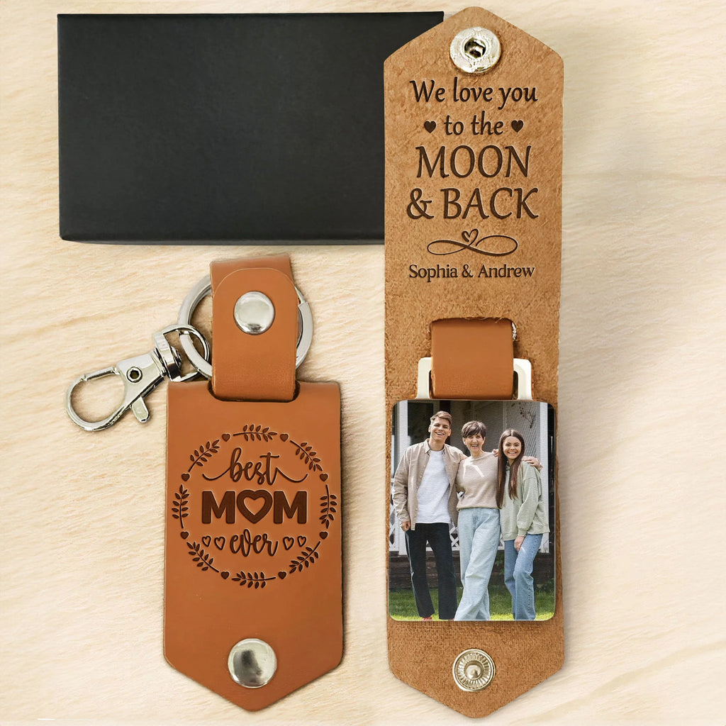 Custom Photo We Love You To The Moon And Back - Personalized Leather Photo Keychain - Levistina