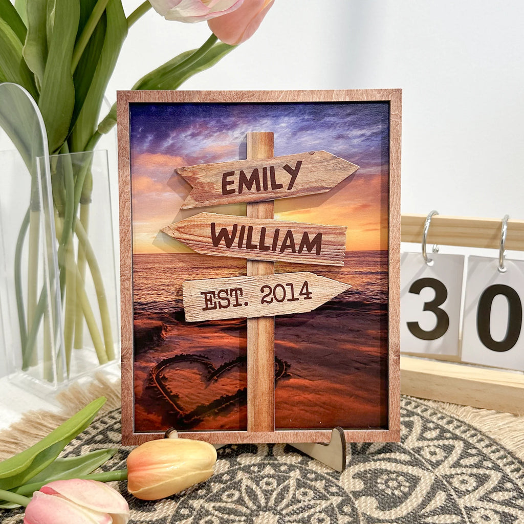 Guidepost Sign With Custom Names Special Place - Personalized Wooden Photo Plaque - Levistina