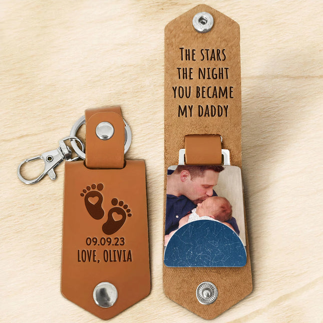 The Stars The Night You Became My Daddy - Personalized Leather Photo Keychain