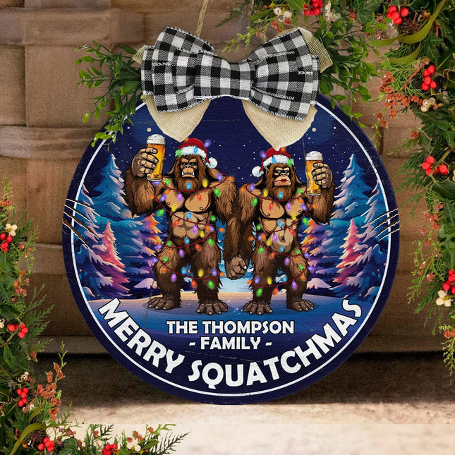 Merry Squatchmas Bigfoot Camping Christmas - Personalized Wood Wreath