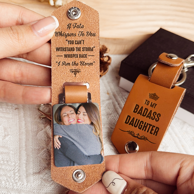 To My Badass Daughter From Mom, Dad - Personalized Leather Photo Keychain