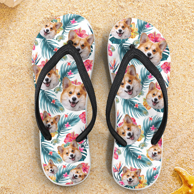 Custom Dog's Photo With Tropical Vibe - Personalized Photo Flip Flops